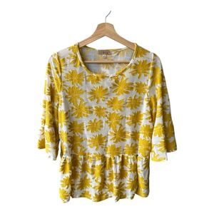 Lavish Blouse Top Yellow Floral Peplum Half Bell Sleeve Sunflower Boho Sz Medium